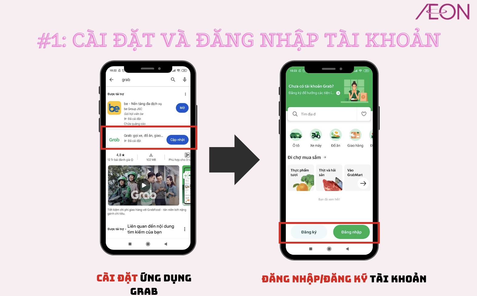 Giao diện cài đặt và đăng ký/đăng nhập vào ứng dụng Grab