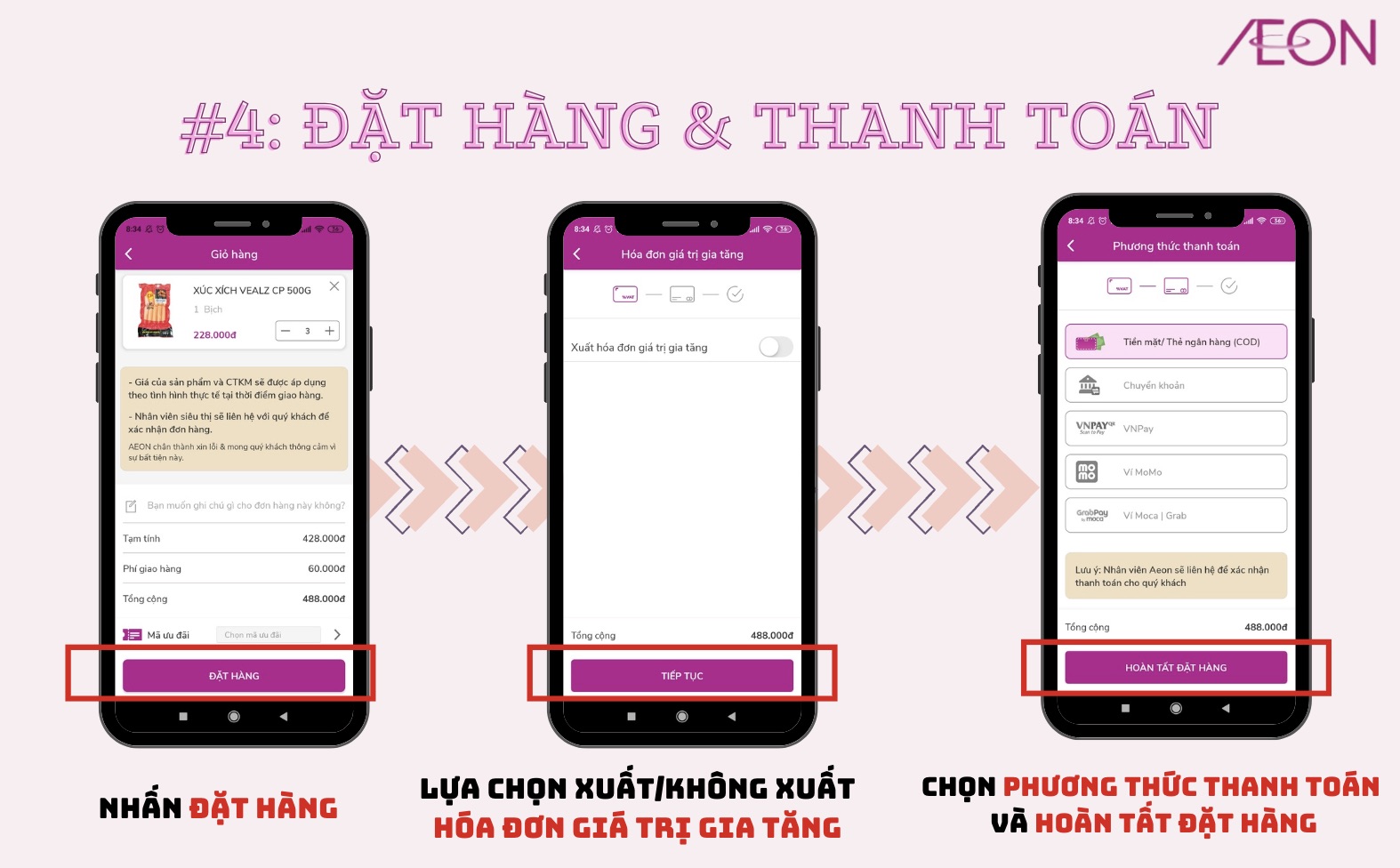 Ở bước 4, khách hàng kiểm tra lại đơn hàng, chọn phương thức thanh toán và hoàn tất đơn hàng