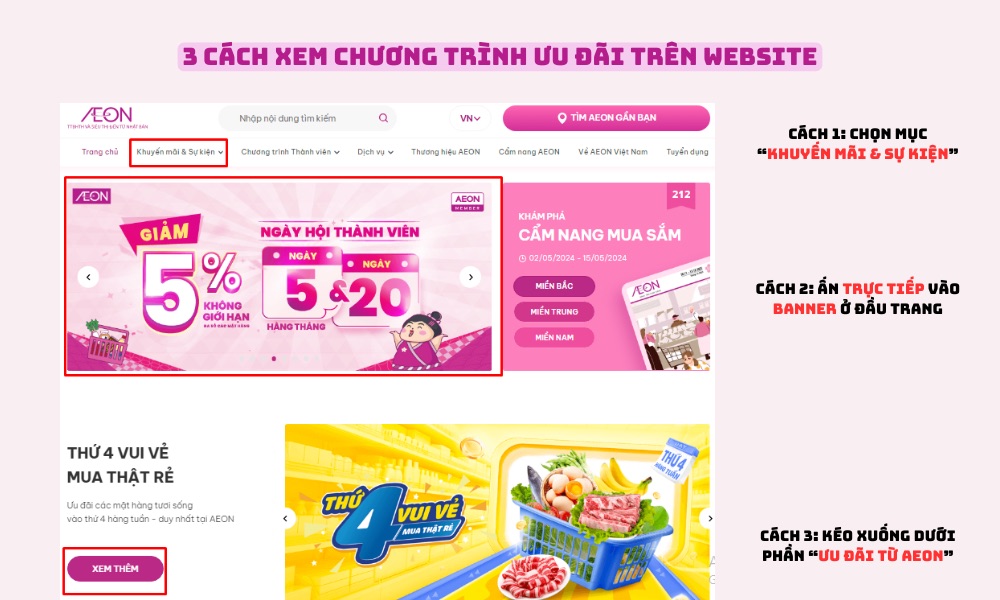 Hướng dẫn cập nhật thông báo về các chương trình khuyến mãi tại giao diện website TTBHTH & Siêu thị AEON trên máy tính