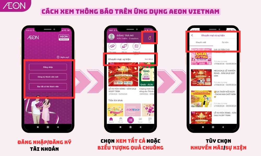 Hướng dẫn cập nhật thông báo về các chương trình khuyến mãi và sự kiện đặc biệt tại giao diện ứng dụng AEON VietNam