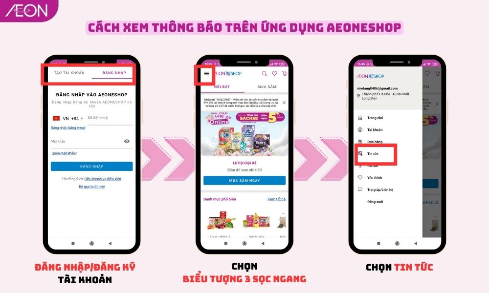 Hướng dẫn cập nhật thông báo về các chương trình khuyến mãi và sự kiện đặc biệt tại giao diện ứng dụng AEONESHOP