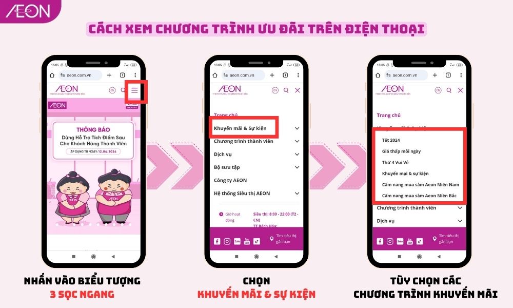 Hướng dẫn cập nhật thông báo về các chương trình khuyến mãi tại giao diện website TTBHTH & Siêu thị AEON trên điện thoại thông minh