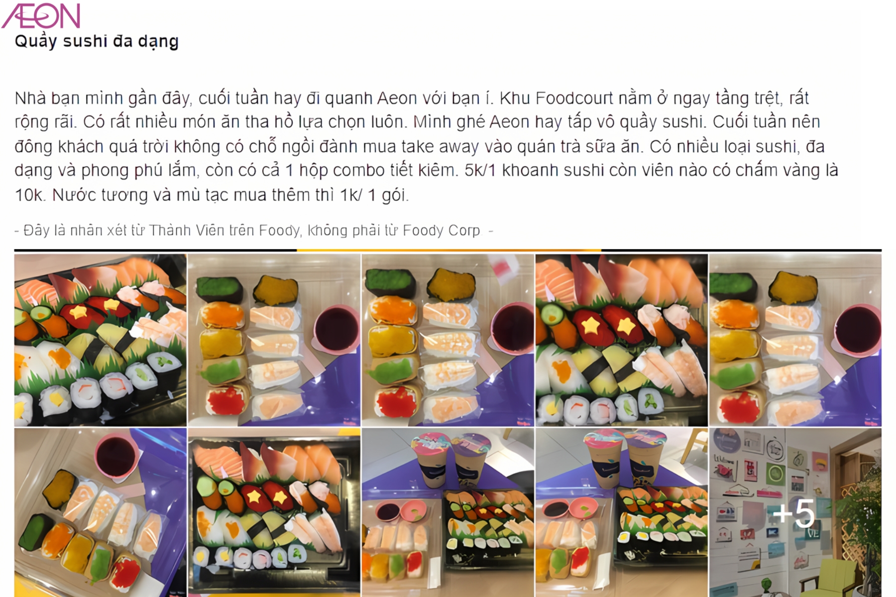 Quầy sushi luôn là nhận được những lời khen từ khách hàng vì sự đa dạng và hương vị tươi ngon (nguồn Foody)