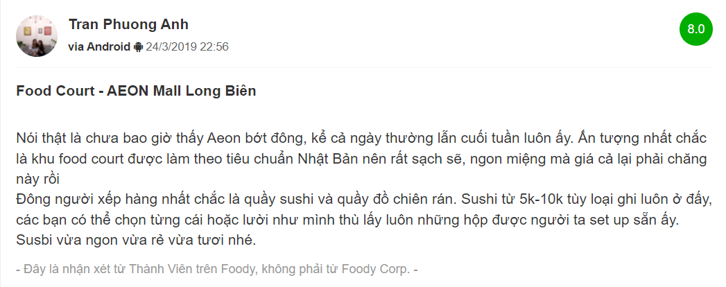 Đánh giá của tài khoản Tran Phuong Anh về khu Food Court của AEON trên Foody