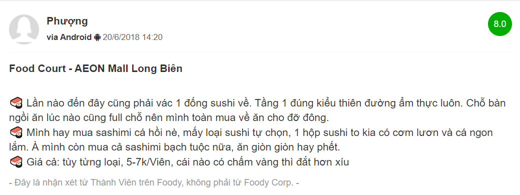 Đánh giá tích cực của tài khoản Phượng về món sushi và sashimi tại siêu thị AEON trên trang Foody