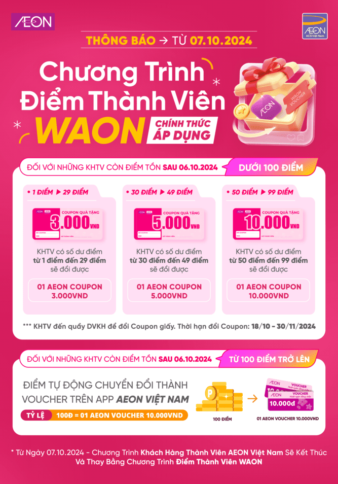 THÔNG BÁO THAY THẾ CHƯƠNG TRÌNH TÍCH ĐIỂM AEON MEMBER BẰNG ĐIỂM THÀNH VIÊN WAON